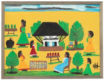 Clementine Hunter, American/Louisiana 1886-1988, ?African House?, oil on board, 18 x 24 in. (45.7 x