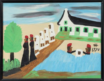 Clementine Hunter, American/Louisiana 1886-1988, "Baptism", oil on canvas board, 14 x 18 in. (35.6 x