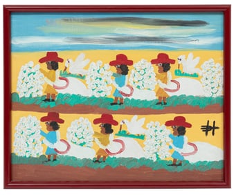 Clementine Hunter, American/Louisiana 1886-1988, ?Picking Cotton?, oil on canvas board, 16 x 20 in.