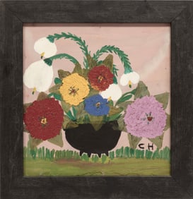 Clementine Hunter, American/Louisiana 1886-1988, ?Flowers in Sugar Kettle?, oil on board, 12 1/4 x