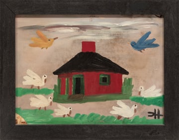 Clementine Hunter, American/Louisiana 1886-1988, "House with Birds", oil on canvas laid on board, 9