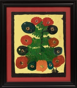 Clementine Hunter, American/Louisiana 1886-1988, "Zinnias", oil on canvas board mounted to board, 20