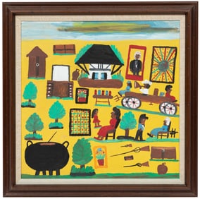 Clementine Hunter, American/Louisiana 1886-1988, ?Melrose Plantation Auction?, oil on board, 23 7/8