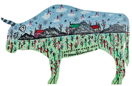 Howard Finster, American/Georgia 1916-2001, ?American Work Oxen?, marker and paint on cut-out panel,