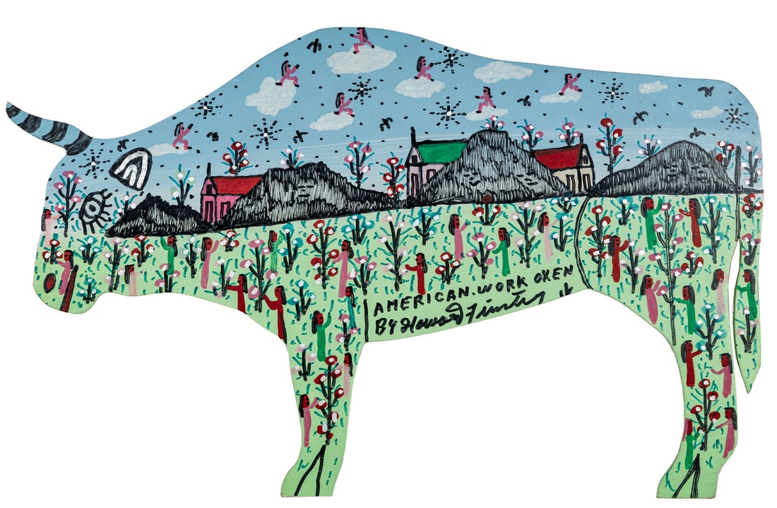 Howard Finster, American/Georgia 1916-2001, ?American Work Oxen?, marker and paint on cut-out panel, (1 of 3)