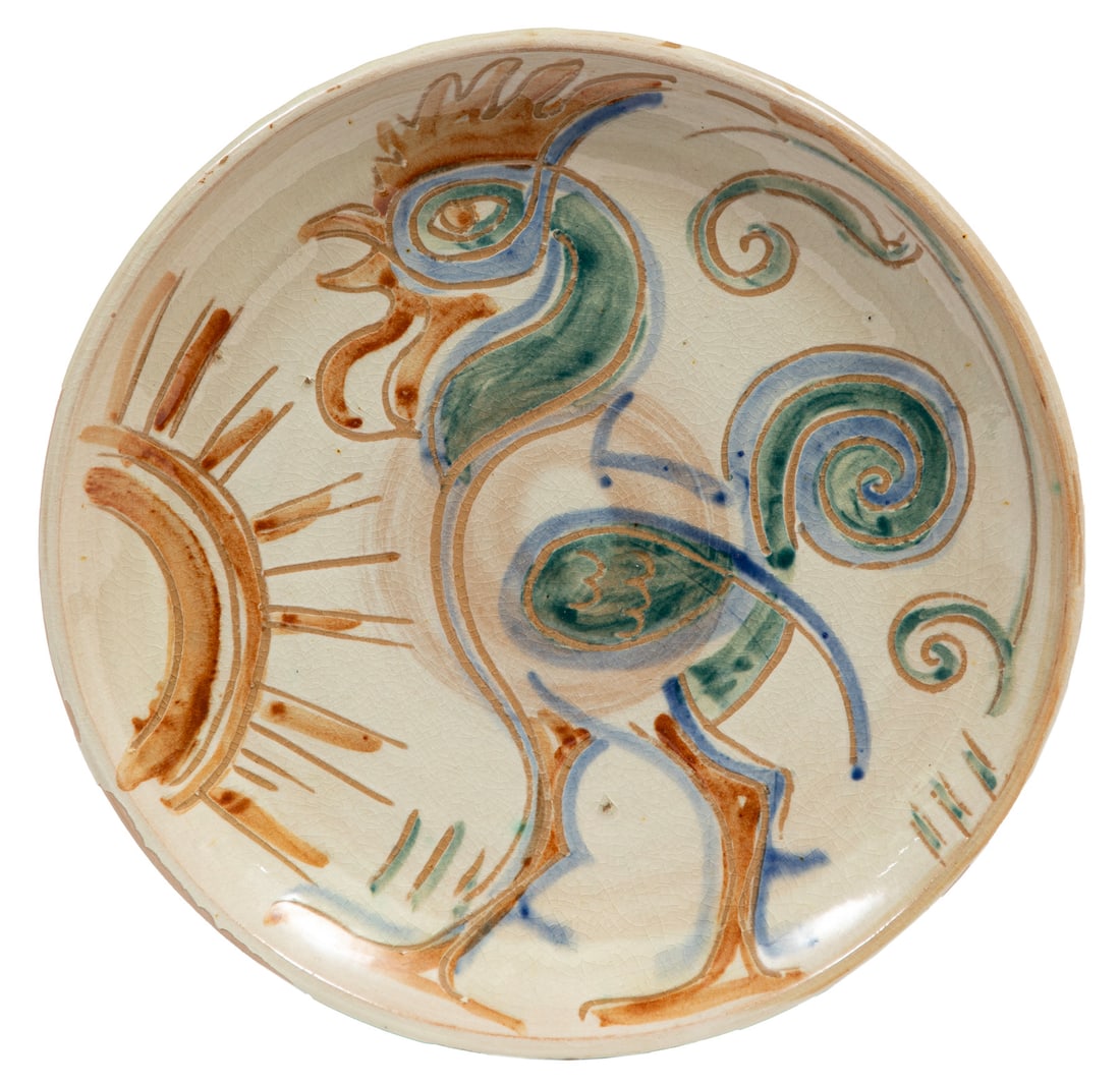 Shearwater Pottery Plate: Shearwater Pottery Plate, c. 1950s, jiggered by Peter Anderson, decorated by Walter Anderson in rooster and sun design, white, green, blue, and ochre slip decoration, quarter-size impressed mark, diam