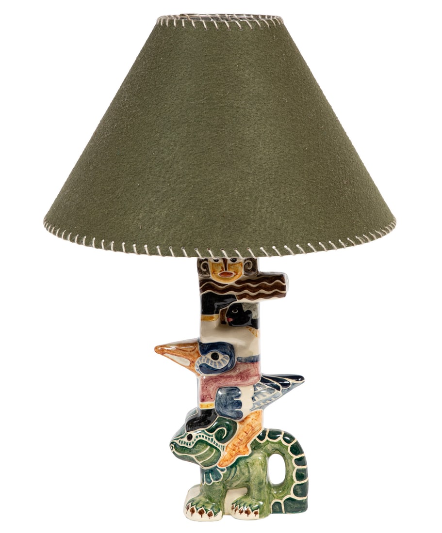 Shearwater Pottery "Totem Pole" Lamp: Shearwater Pottery "Totem Pole" Lamph. 12 1/2 in., with green felt covered shade, total h. 21 in.