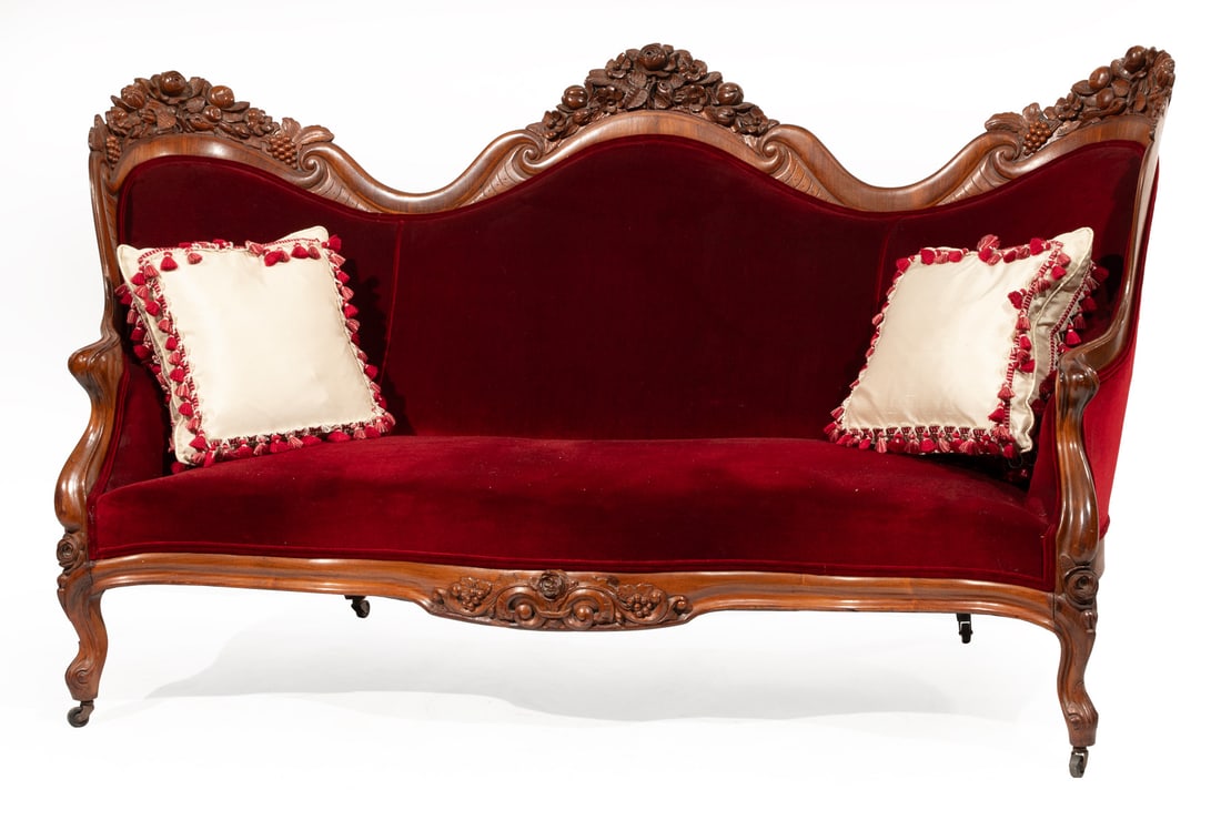 American Rococo Carved and Laminated Rosewood Settee: American Rococo Carved and Laminated Rosewood Settee, c. 1850-60, attr. to John Henry Belter, New York, in the pattern referred to as "Rosalie with Grapes", arched floral and grape carved cr