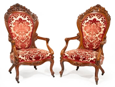 Pair of American Rococo Carved and Laminated Rosewood Gentleman's Armchairs