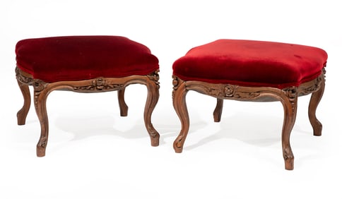 Rare Pair of American Rococo Carved Rosewood Footstools