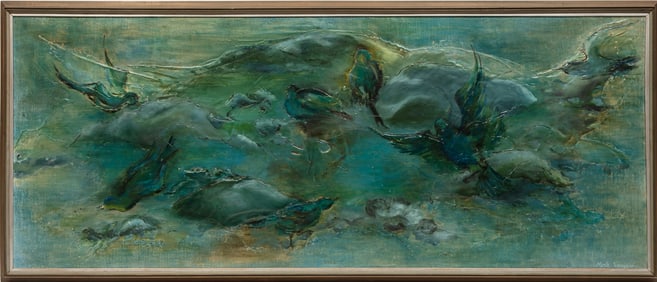 Merle Berry Tennyson Montjoy, American/Mississippi 1920-2008, ?Untitled: Birds on Rocks?, latex