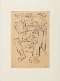 John McCrady, American/Louisiana 1911-1968, "Portrait of the Artist on the Levee", graphite on