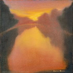 Melissa Bonin, American/Louisiana b. 1960, "The Red Bridge", oil on gallery-wrapped canvas, 11 7/8 x