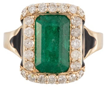 Art Deco Style 18 kt. Yellow Gold, Emerald, Diamond and Enamel Ring