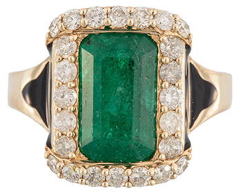 Art Deco Style 18 kt. Yellow Gold, Emerald, Diamond and Enamel Ring (1 of 4)