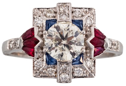 Art Deco Style 18 kt. White Gold, Diamond, Sapphire and Ruby Ring