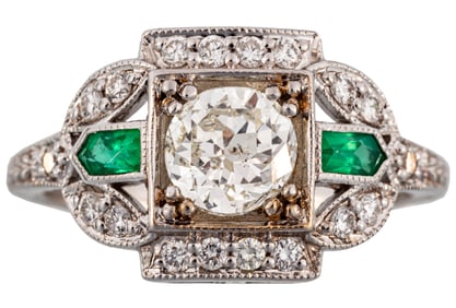 Art Deco Style 18 kt. White Gold, Diamond and Emerald Ring