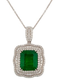 Platinum, Emerald and Diamond Pendant on Chain