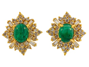 Pair of 14 kt. Yellow Gold, Emerald and Diamond Earrings