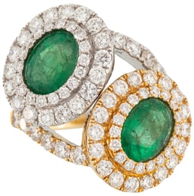 18 kt. Two Tone Gold, Emerald and Diamond "Toi et Moi" Ring