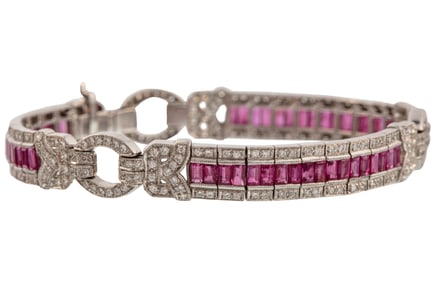 Art Deco Style 18 kt. White Gold, Ruby and Diamond Bracelet