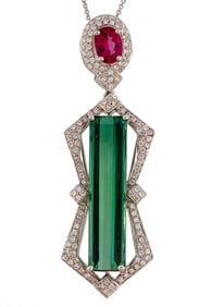 Art Deco Style 14 kt. White Gold, Tourmaline and Diamond on Chain