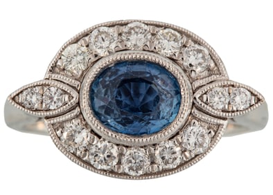 Art Deco Style Platinum, Burmese Sapphire and Diamond Ring