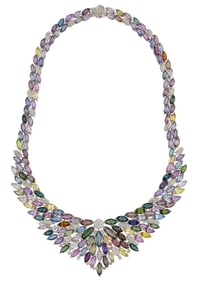 Oscar Friedman Platinum, Multicolor Sapphire and Diamond Bib Necklace