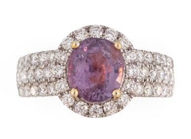 18 kt. Two Tone Gold, Purplish Pink Sapphire and Diamond Ring