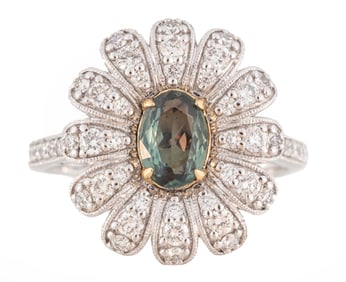 Platinum, 18 kt. Yellow Gold, Alexandrite and Diamond Flower Ring