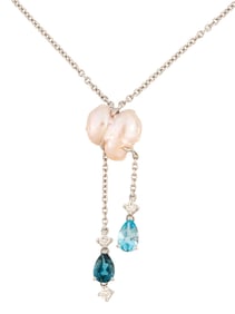 14 kt. White Gold, Baroque Pearl and Blue Topaz Pendant on Chain
