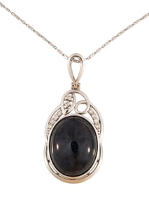 14 kt. White Gold, Cabochon Sapphire and Diamond Pendant on Chain