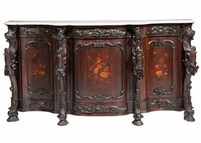 American Rococo Inlaid Carved Rosewood Credenza