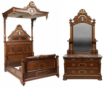 Fine American Neo-Grec Gilt Incised Mahogany Bedroom Suite