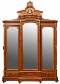 American Neo-Grec Gilt Incised Walnut Triple-Door Wardrobe