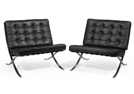 Pair of Mies van der Rohe-Style Barcelona Chairs: Pair of Mies van der Rohe-Style Barcelona Chairs leather and polished chromed steel 30 x 30 x 32 in. (76.2 x 76.2 x 81.3 cm.)