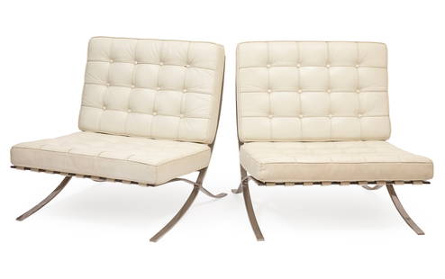 Pair of Mies van der Rohe-Style Barcelona Chairs: Pair of Mies van der Rohe-Style Barcelona Chairs unmarked, polished stainless steel, leather, 31 x 30 x 30 in. (78.7 x 76.2 x 76.2 cm.)