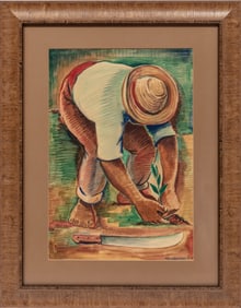 Georges "Geo" Remponeau, Haitian 1916-2012, "The Gardener?, gouache on paper, 19 1/4 x 13 1/2 in.