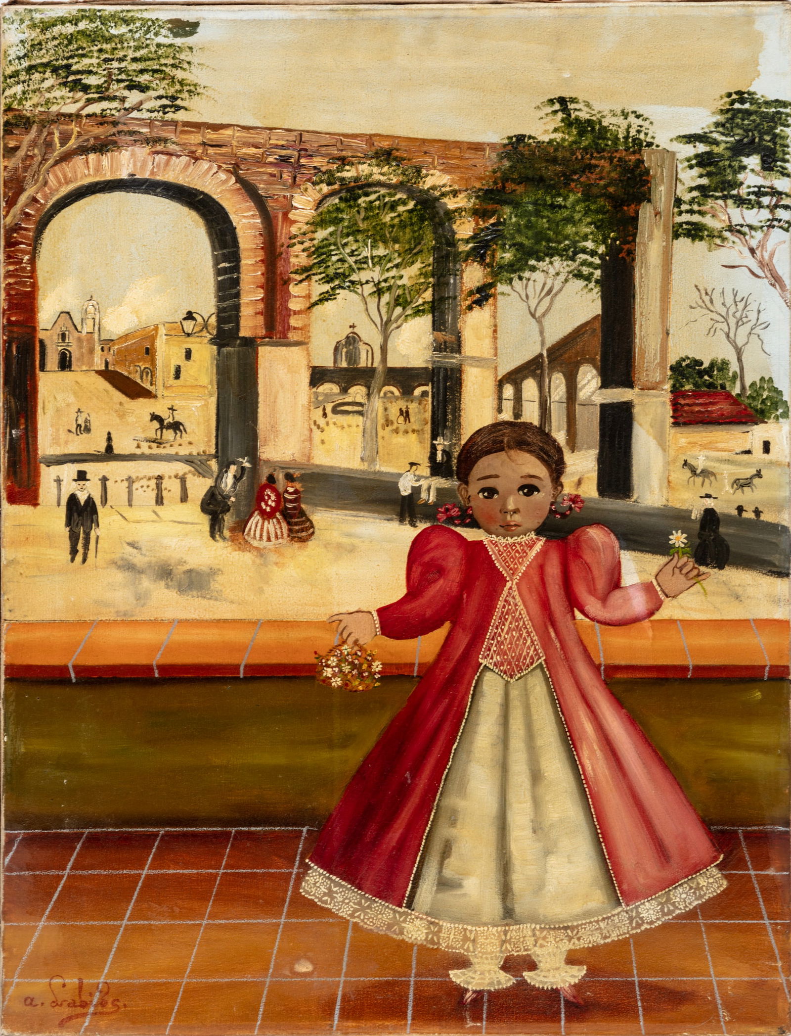 Agapito Labios, Mexican 1898-1996, ?Ni?a con Flores?, oil on canvas, 23 3/4 x 18 1/4 in. (60.3 x: Agapito LabiosMexican, 1898-1996?Ni?a con Flores?oil on canvassigned lower left, unframed.23 3/4 x 18 1/4 in. (60.3 x 46.4 cm.)