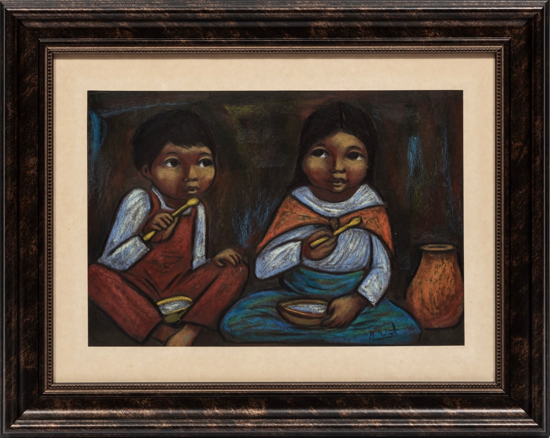 Arturo Nieto, Ecuadorian 1933-1995, "La Cena", "Tres Mujeres" and "Una Flautista", 3 pastel & mixed: Arturo Nieto Ecuadorian, 1933-1995 "La Cena", "Tres Mujeres" and "Una Flautista" 3 pastel & mixed medias on paper 2 signed lower right, one lower center, framed. (3 pcs.)