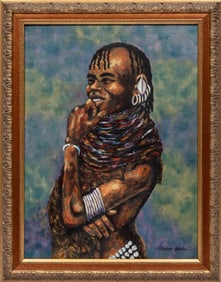Stephen Lobalu, South Sudanese b. 1959, ?Young Tribesman", oil on canvas, 25 3/4 x 19 in. (65.4 x