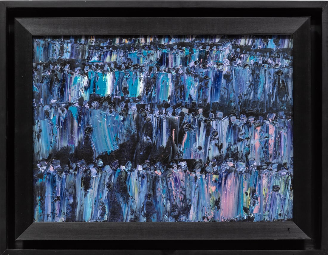 Tafa Fiadzigbe, Ghanaian/American b. 1963, "Moonlit March", oil on canvas, 12 7/8 x 16 in. (32.7 x (1 of 3)