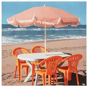 Kevin Franitch, French b. 1991, "Plastic Chairs by the Ocean", acrylic on canvas, 31 1/2 x 31 1/2