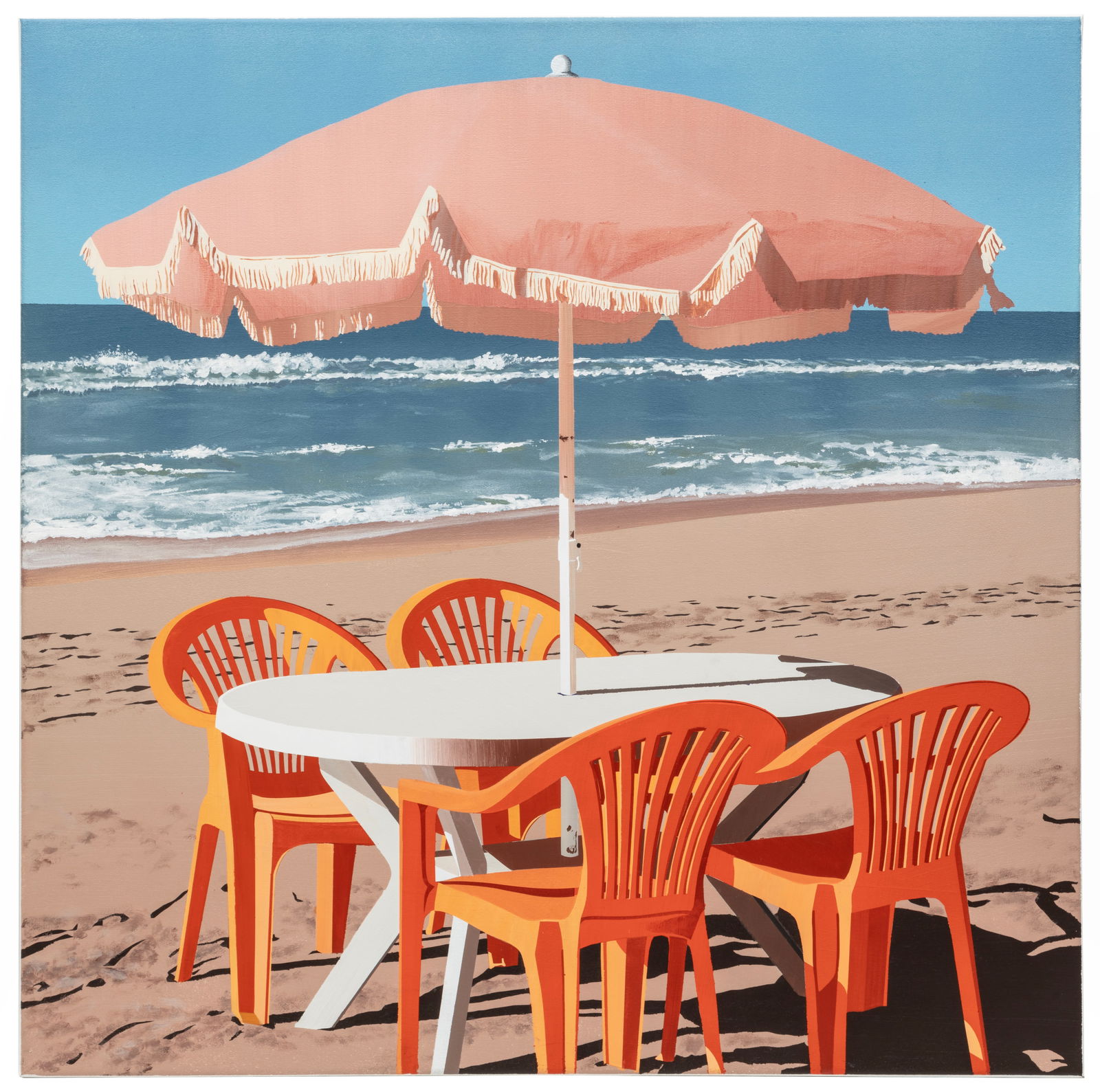 Kevin Franitch, French b. 1991, "Plastic Chairs by the Ocean", acrylic on canvas, 31 1/2 x 31 1/2: Kevin FranitchFrench, b. 1991"Plastic Chairs by the Ocean"acrylic on canvas2020, signed, titled and dated en verso, unframed.Provenance: Katie Koch Home, New Orleans, LA.31 1/2 x 31 1/