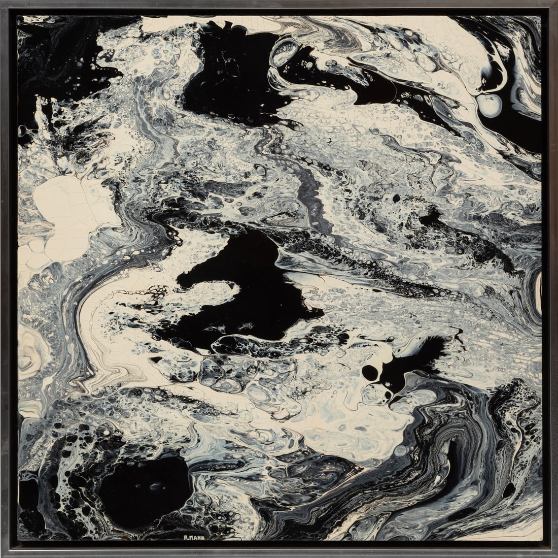 Richard Mann, American/California 20th c., ?Black and White?, acrylic on board, 24 x 24 in. (61 x 61: Richard MannAmerican/California, 20th c.?Black and White?acrylic on boardsigned lower center, artist information, "The Art World Gallery, Acton, MA" label and certificate of authenticity lab