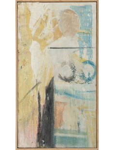 Nick Jensen, British b. 1984, "Know He Know Me", mixed media on canvas, 25 1/2 x 14 in. (64.8 x 35.6: Nick JensenBritish, b. 1984"Know He Know Me"mixed media on canvas2019, signed, titled, dated and inscribed en verso, framed.25 1/2 x 14 in. (64.8 x 35.6 cm.), Frame: 26 1/4 x 14 1/2 x 1 in.