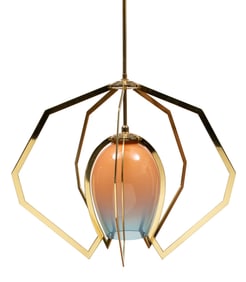Bec Brittain Polished Brass and Double Fade Glass "Vise" Chandelier