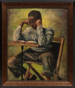 Peter Mendler, American/Pennsylvania 20th c., ?Boy Reading?, oil on canvas, 30 1/4 x 25 1/4 in.