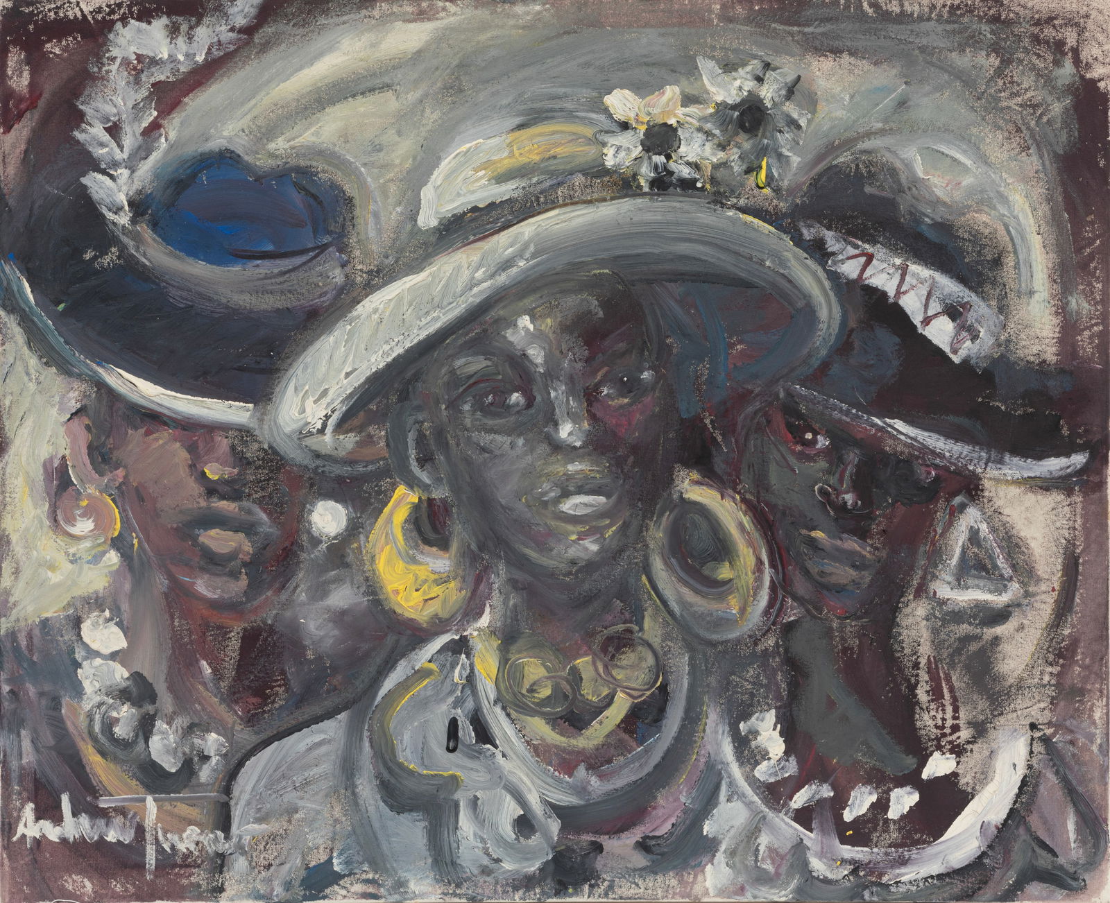 Andrew Turner, American/Pennsylvania 1944-2001, ?Ladies in Hats ?, acrylic on unprimed canvas, 41 x: Andrew TurnerAmerican/Pennsylvania, 1944-2001?Ladies in Hats ?acrylic on unprimed canvassigned lower left, 2 ?Bunch Auctions? labels en verso, unframed.41 x 50 in. (104.1 x 127 cm.)