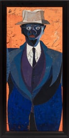 American School 20th c., "The Blue Suit?, oil on masonite, 39 3/4 x 18 1/8 in. (101 x 46 cm.),